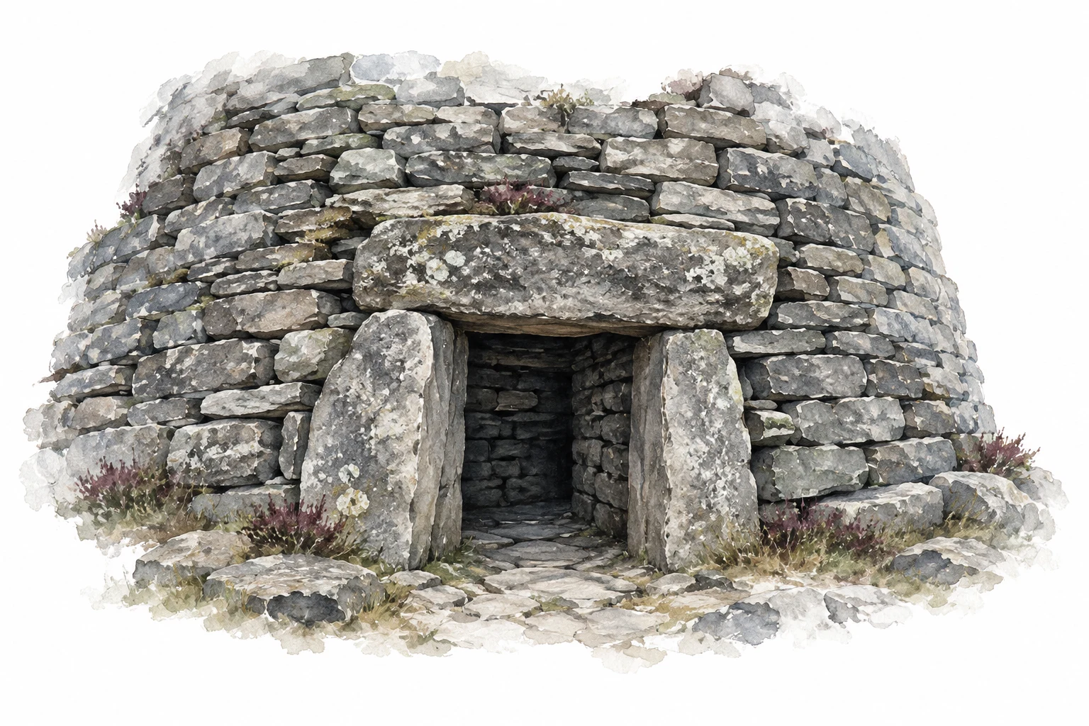 Interpretive watercolor of a low Scottish drystone doorway with a single stone lintel.