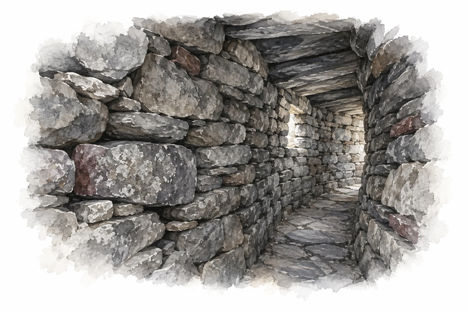 Interpretive watercolor of a narrow gallery within a thick drystone wall.