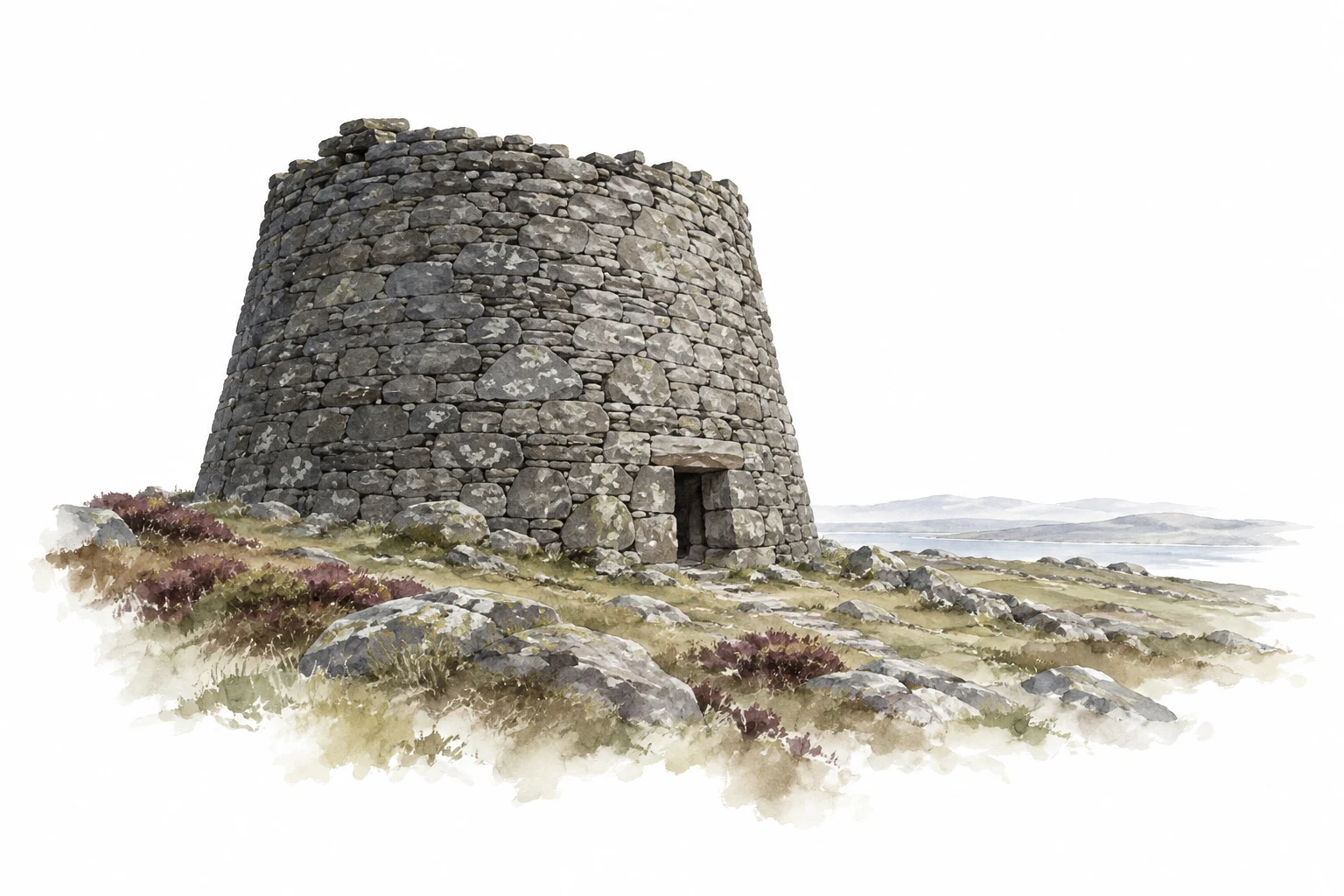 Interpretive watercolor of a Scottish drystone broch across open ground.
