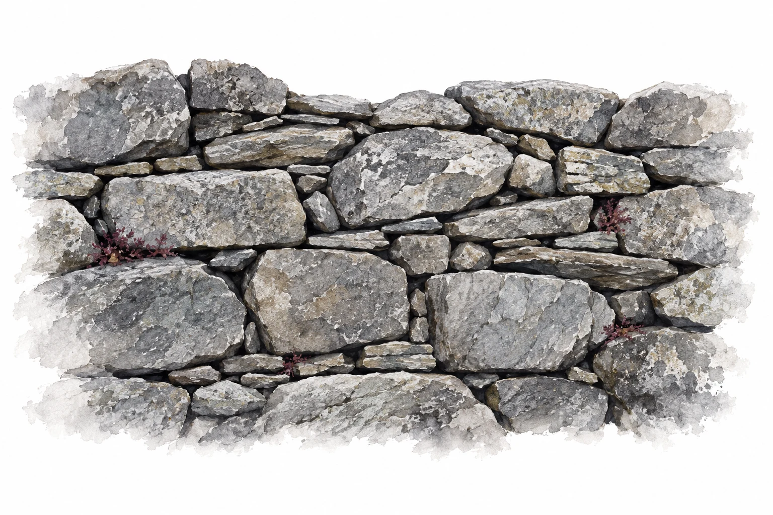 Watercolor study of irregular stones fitted together in a Scottish drystone wall.