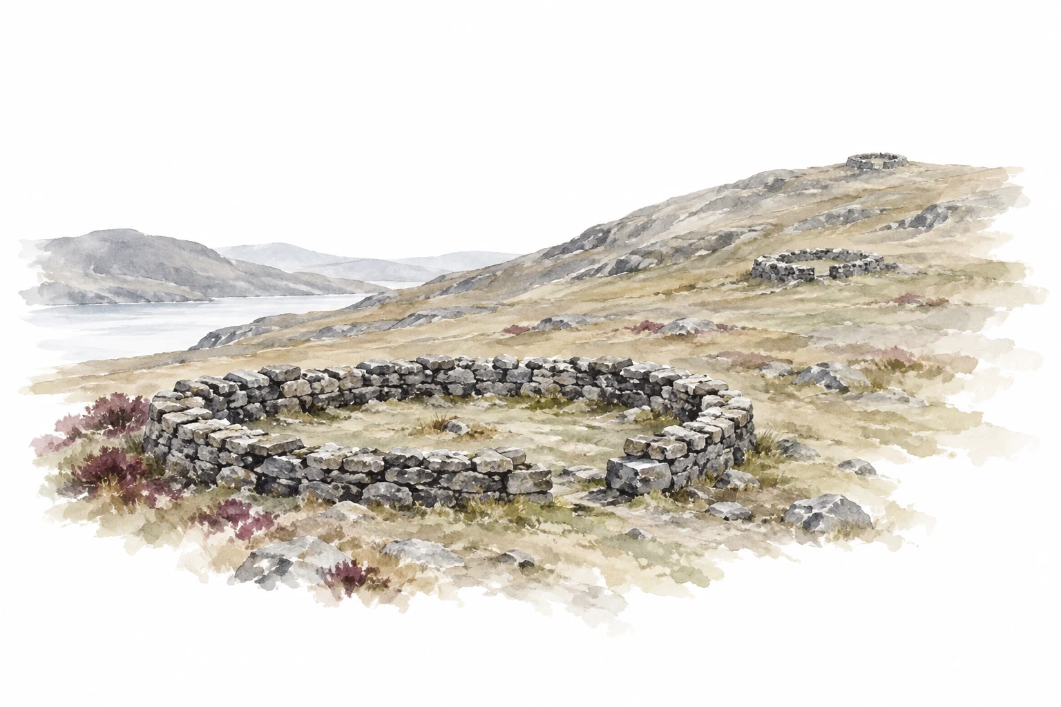 Interpretive watercolor of low drystone remains at different distances on a Scottish hillside.