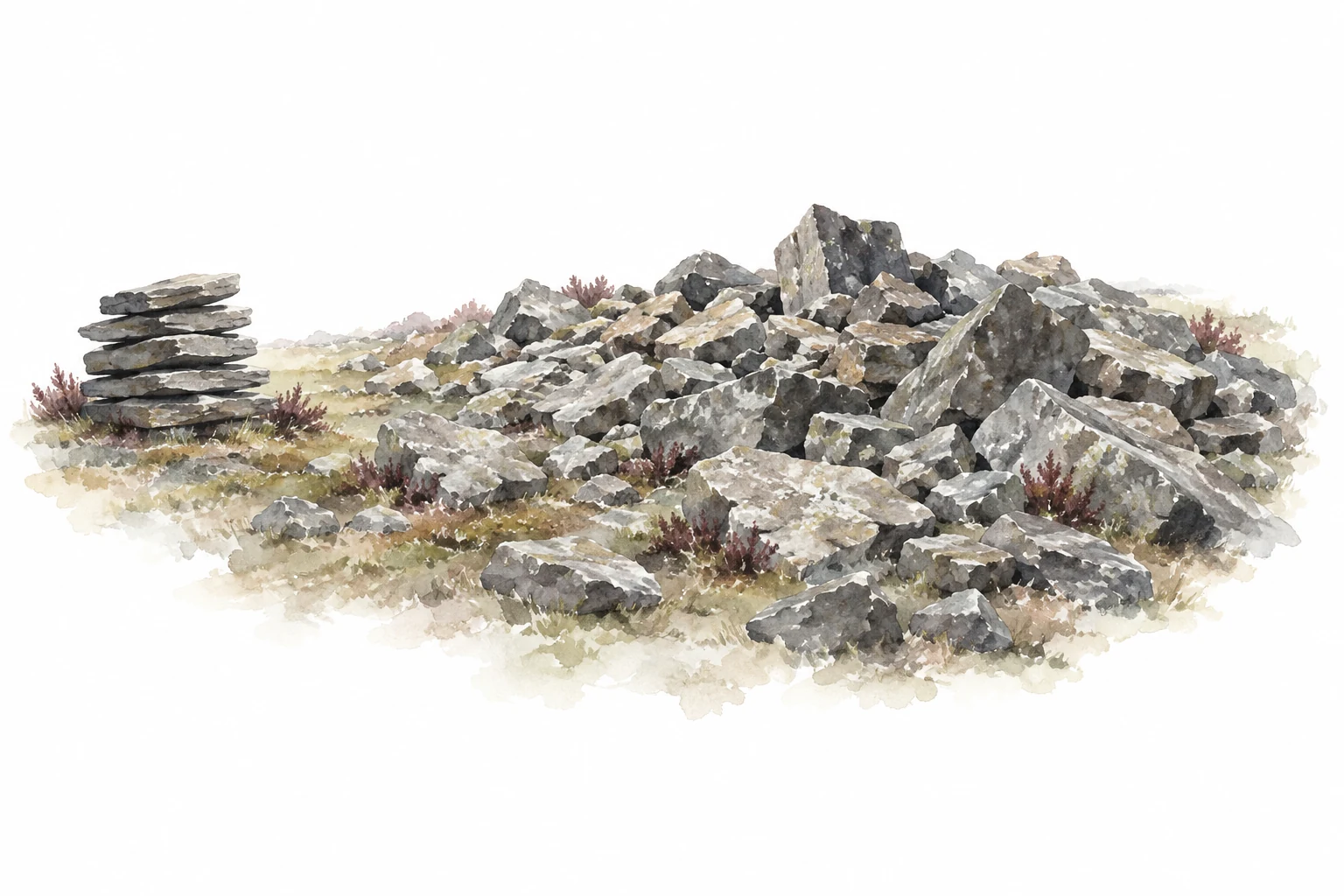 Watercolor of a small stack of chosen flat stones beside a much larger scatter of unused rough stone.