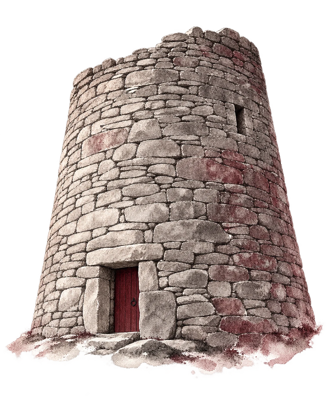 Watercolor of a Scottish broch built from irregular stone, with a burgundy doorway.