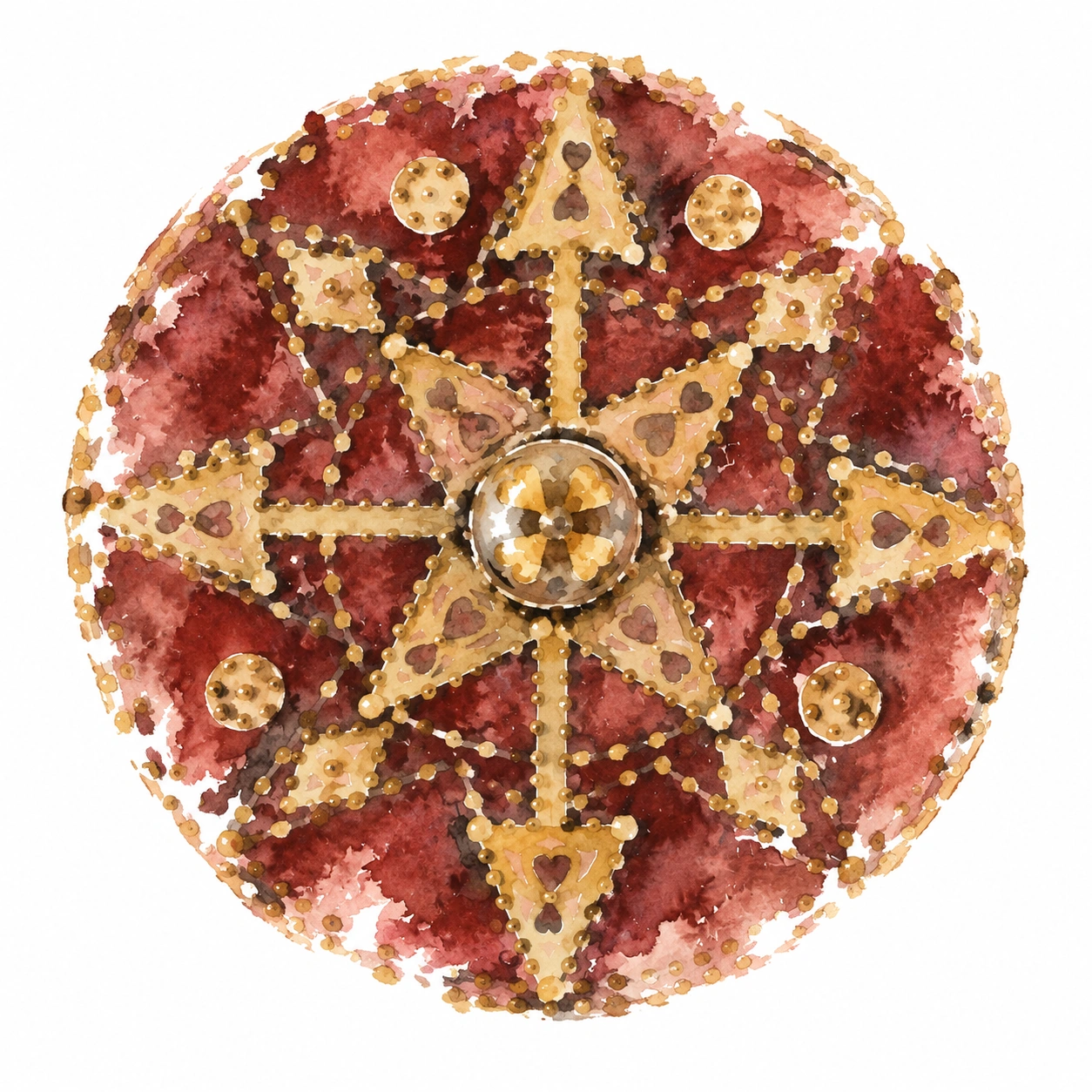 Watercolor interpretation of a Scottish Highland targe dated 1700 to 1750, with leather covering and brass decoration.