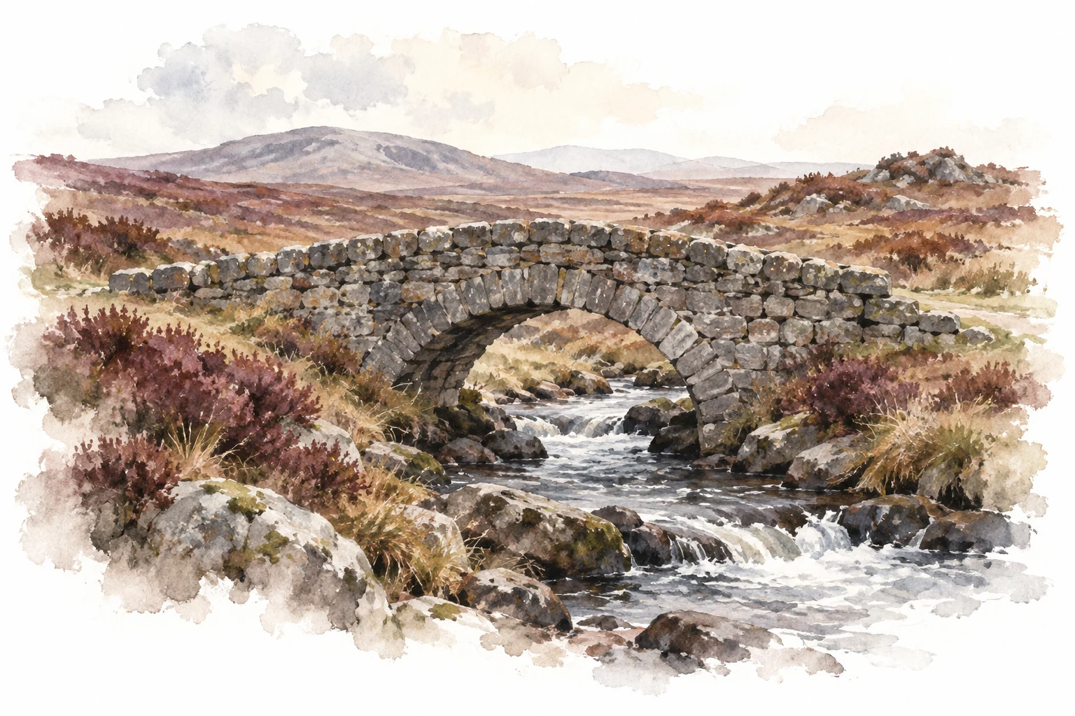 Interpretive watercolor of a small Scottish stone bridge across a Highland stream.