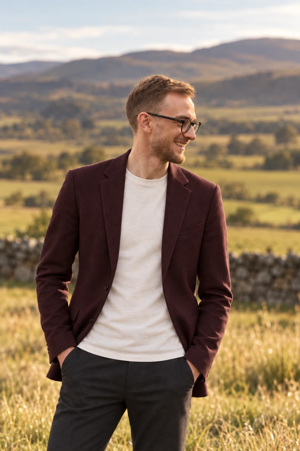 Edited portrait of Samuel McHargue wearing glasses, a burgundy blazer and a light T-shirt in a Scottish-inspired field.